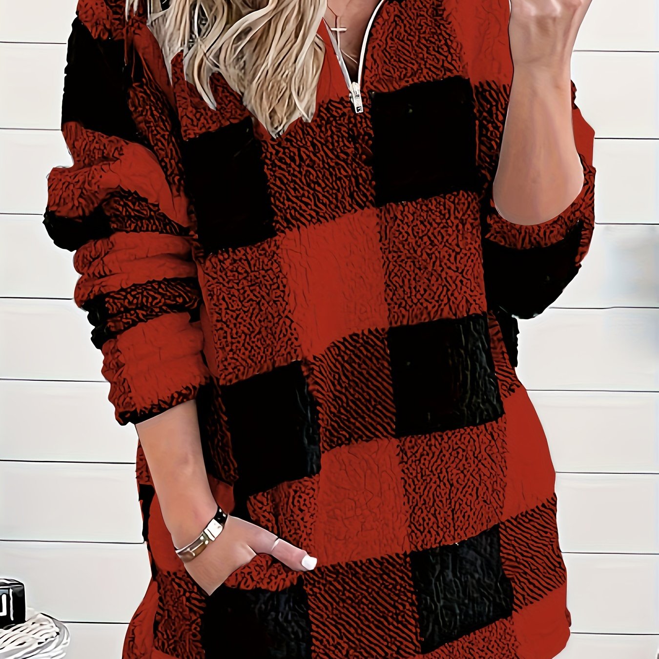 Women’s Plaid Fuzzy High-Neck Sweater – Soft Zipper Knit Pullover