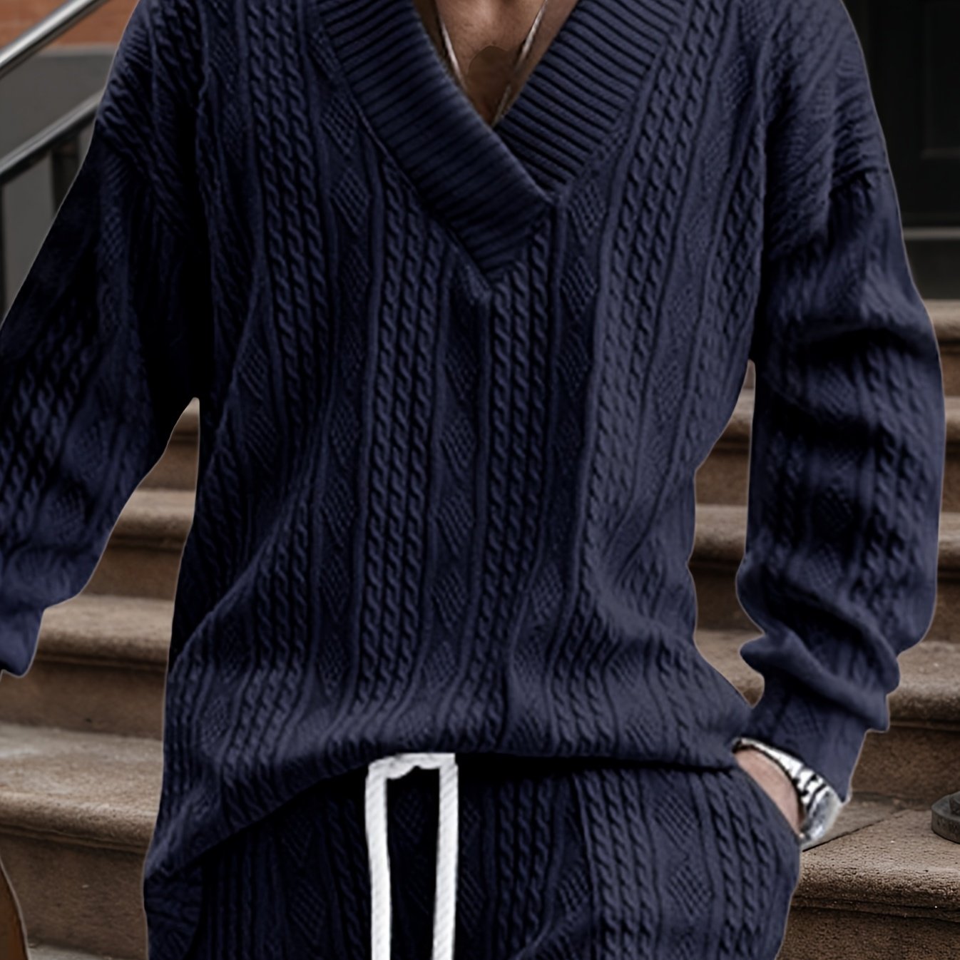 Pull décontracté pour homme en maille col V jacquard côtelé