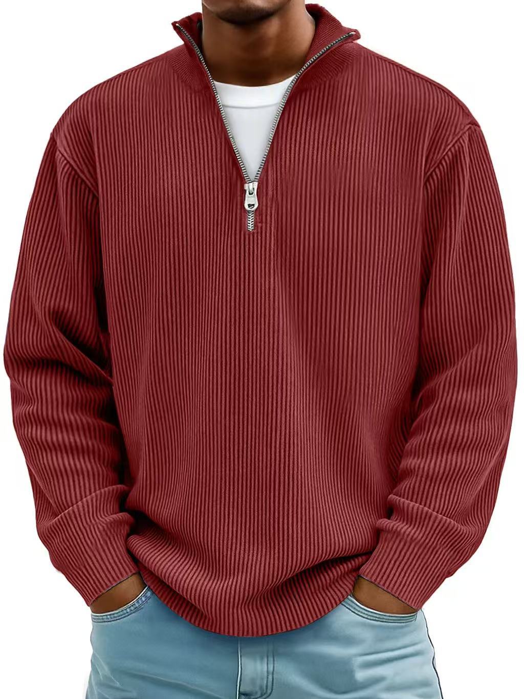 Men’s Corduroy Zip Stand Collar Sweatshirt – Casual Long Sleeve Top