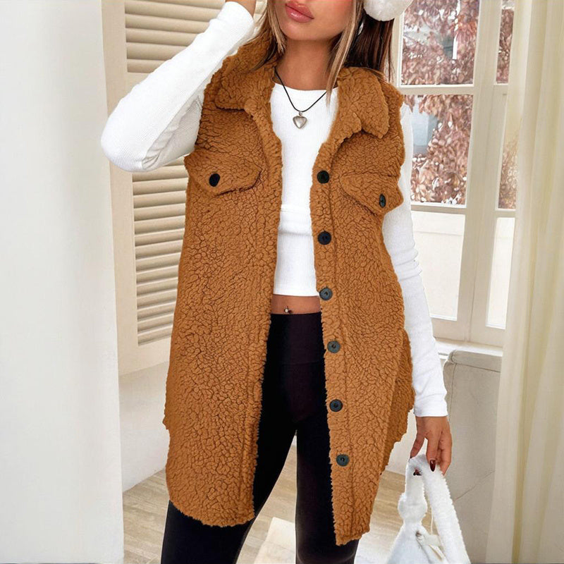 Gilet sans manches façon laine pour femme – Gilet mi-long à revers et boutons