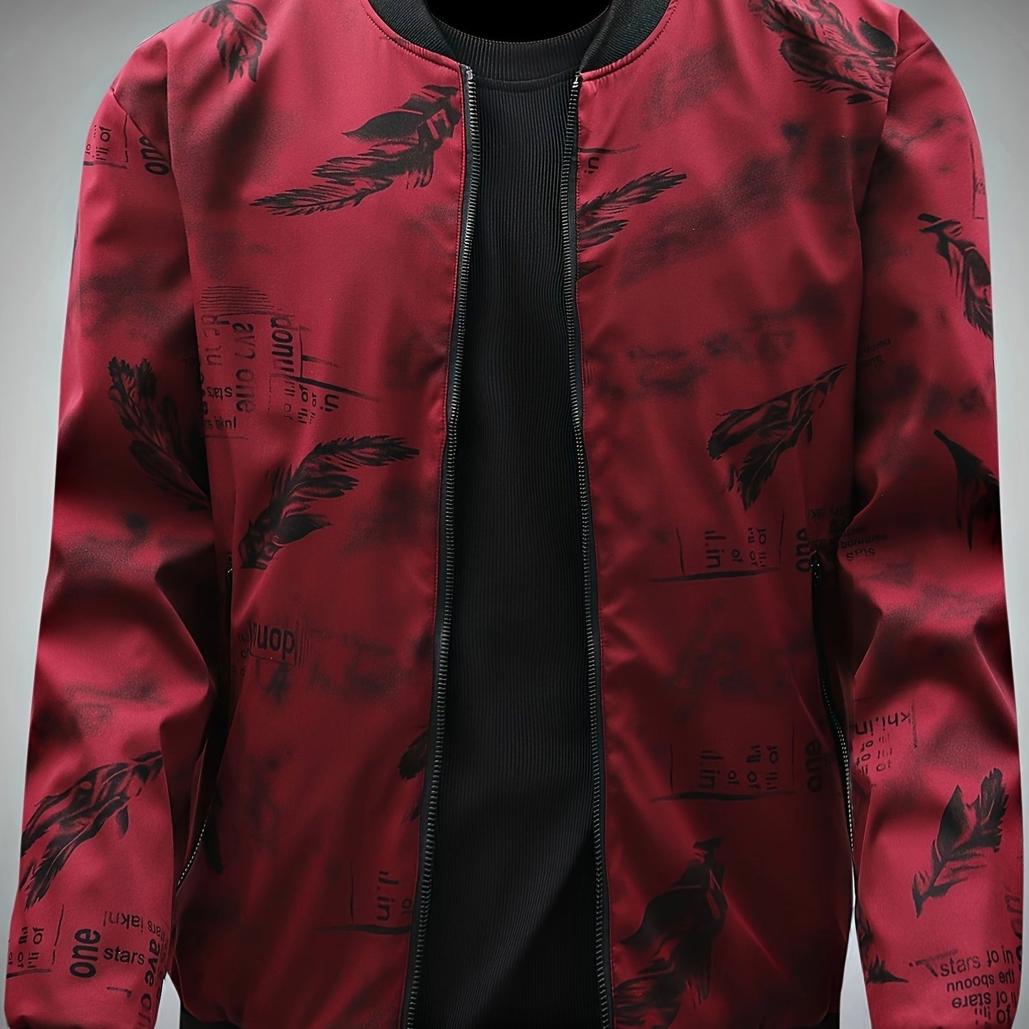 Men’s Feather Print Track Jacket – Zip-Up Baseball Collar Street Coat