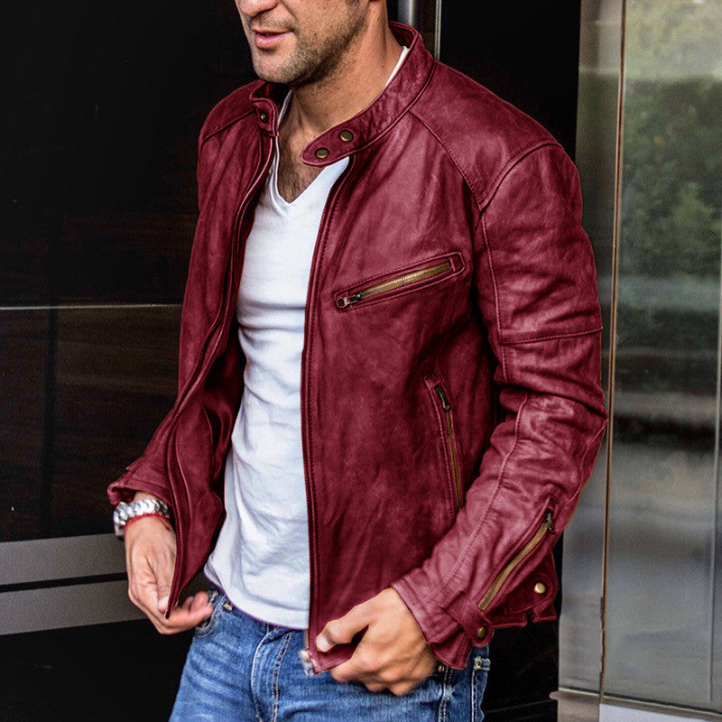 Chaqueta de cuero PU punk para hombre – Abrigo de motorista informal con cuello alto