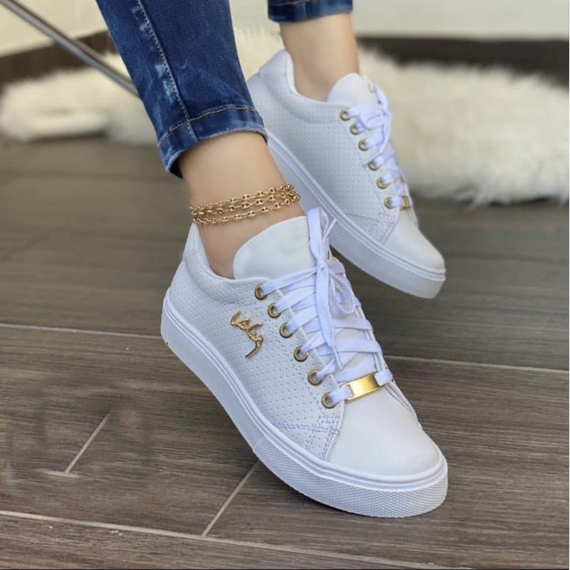 Loom & Soul™ Women’s Flat Lace-Up Sneakers – Breathable Patent PU Casual Shoes with Soft PU Sole