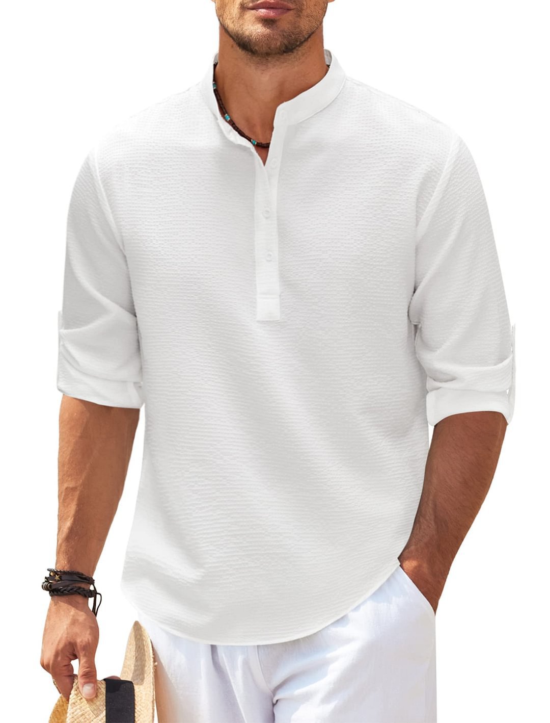 Chemise homme à col montant et manches longues – Pull décontracté coupe ample