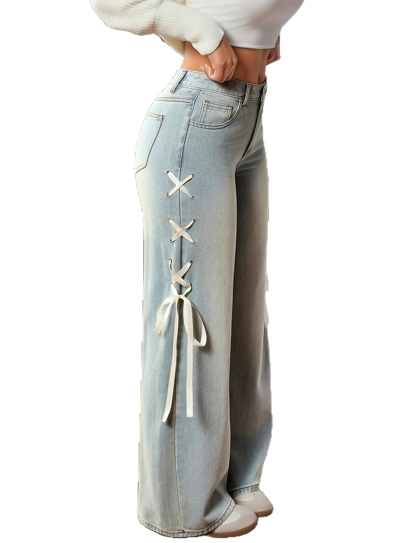 Jean droit papillon pour femme – Taille haute décontracté jambe large en denim