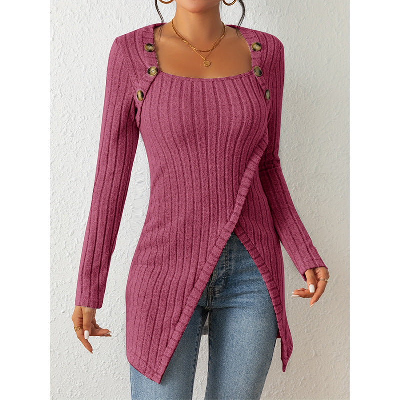 Women’s Off-Shoulder Square-Neck Slit Sweater – Elegant Knit Top