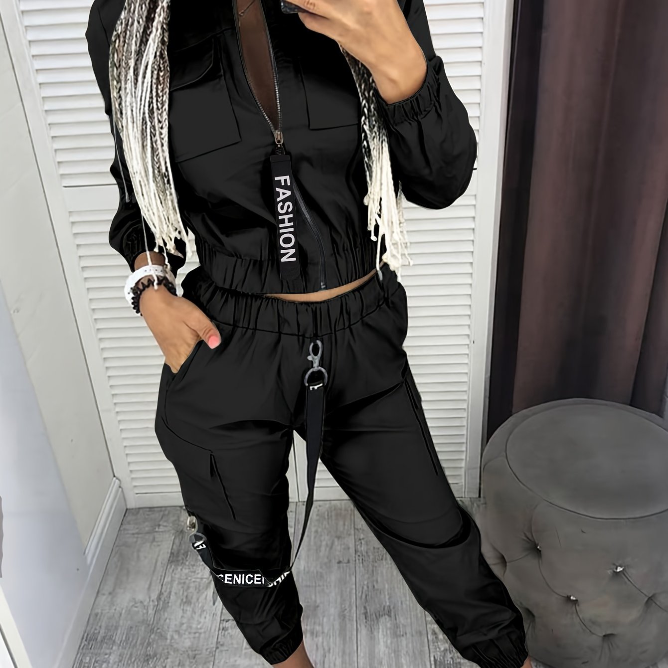 Directional Cargo Zip-Up Two-Piece Set – Women’s Casual Streetwear