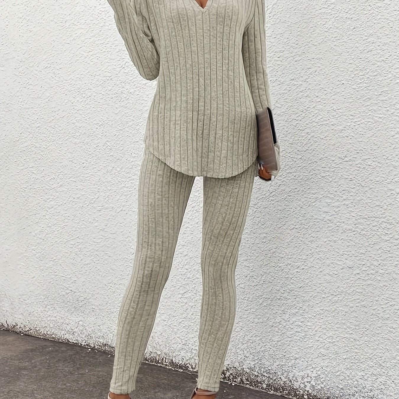 Ribbed Slim Fit Suit – Women’s V-Neck Long Sleeve Top & Pants Set
