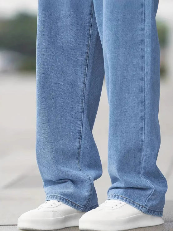 Jean droit décontracté en jean pour homme – Pantalon en coton taille mi-haute