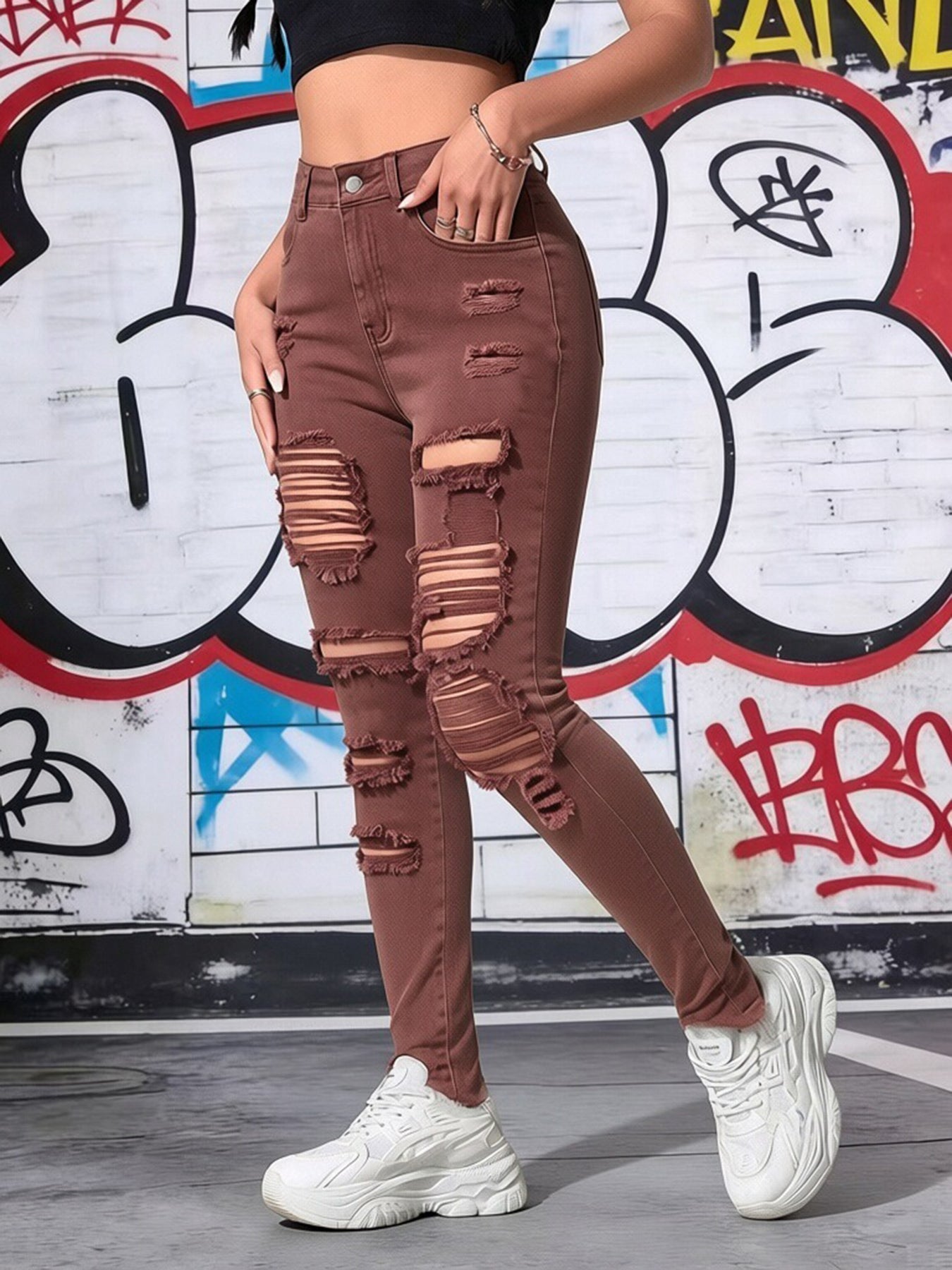 Women’s Brown Ripped Skinny Jeans – High Waist Stretch Fit