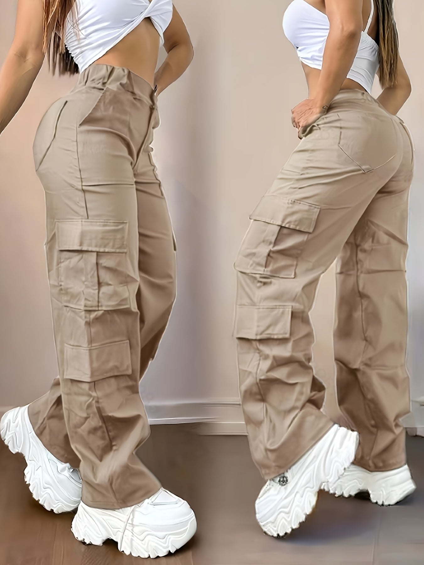 Pantalon cargo taille haute – Large et multi-poches style urbain