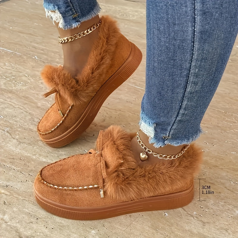 Botas de nieve de plataforma afelpadas para mujer – Zapatos de invierno acogedores con lazo