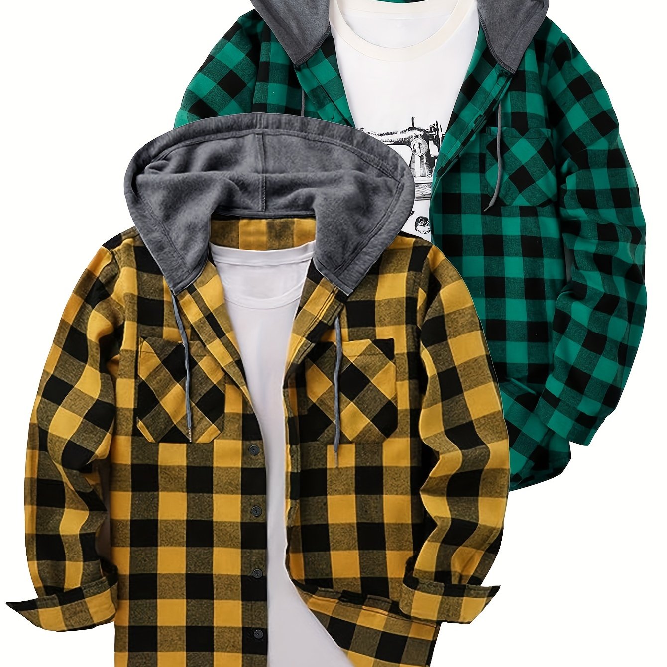 2-Piece Men’s Plaid Hooded Shirts – Button-Up Sweater Jacket Set