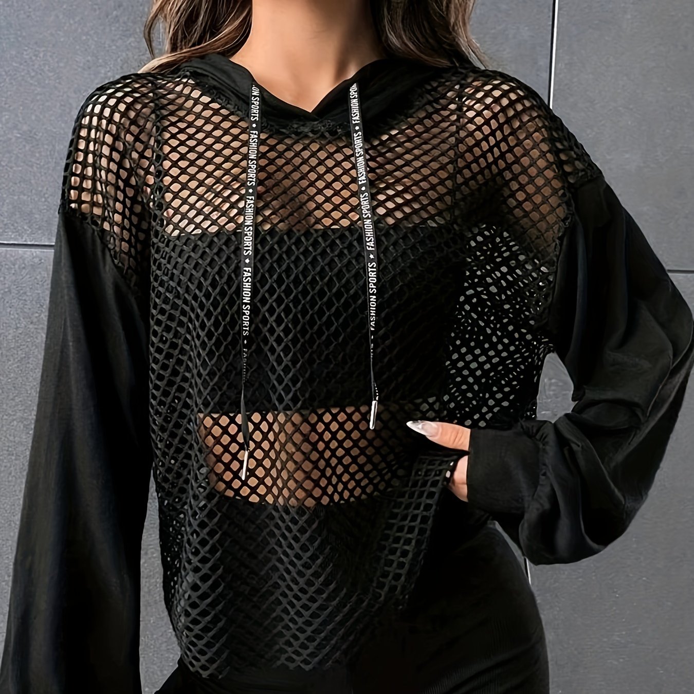 Y2K Mesh Hooded Long Sleeve Tee – Women’s Contrast Sheer Street Top
