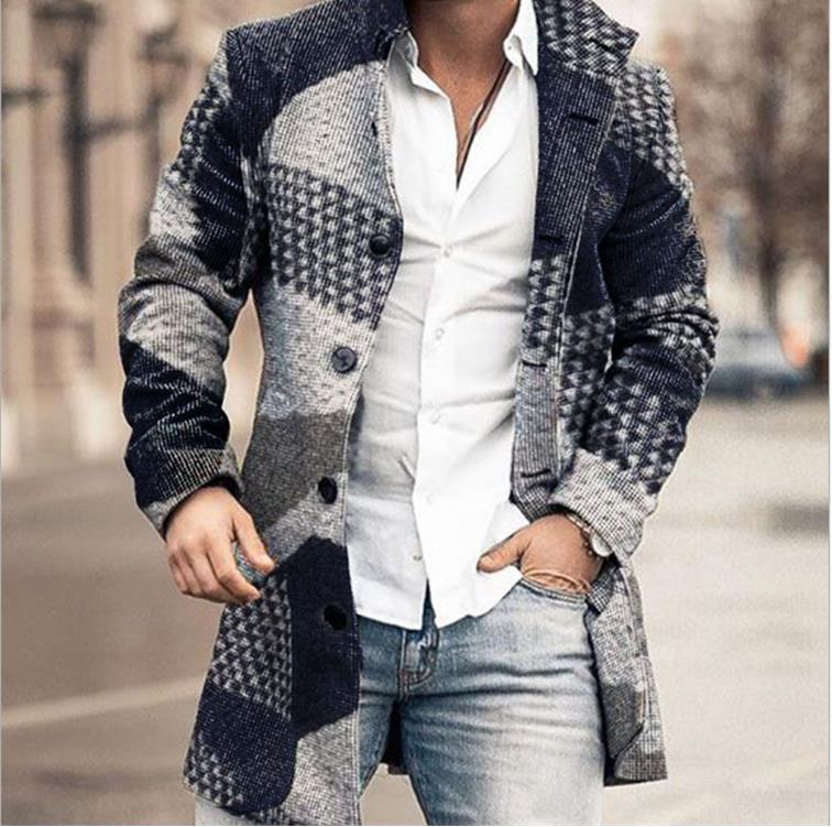 Trench-coat en laine imprimée pour homme – Style européen à manches longues