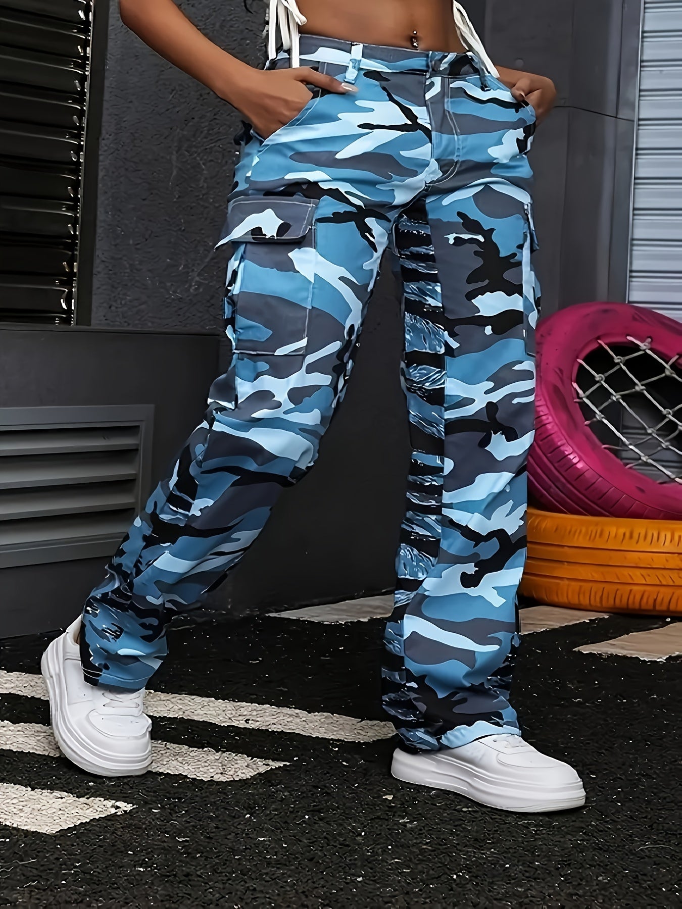 Jeans Cargo Camouflage Marine – Denim Coupe Droite Multi-Poches