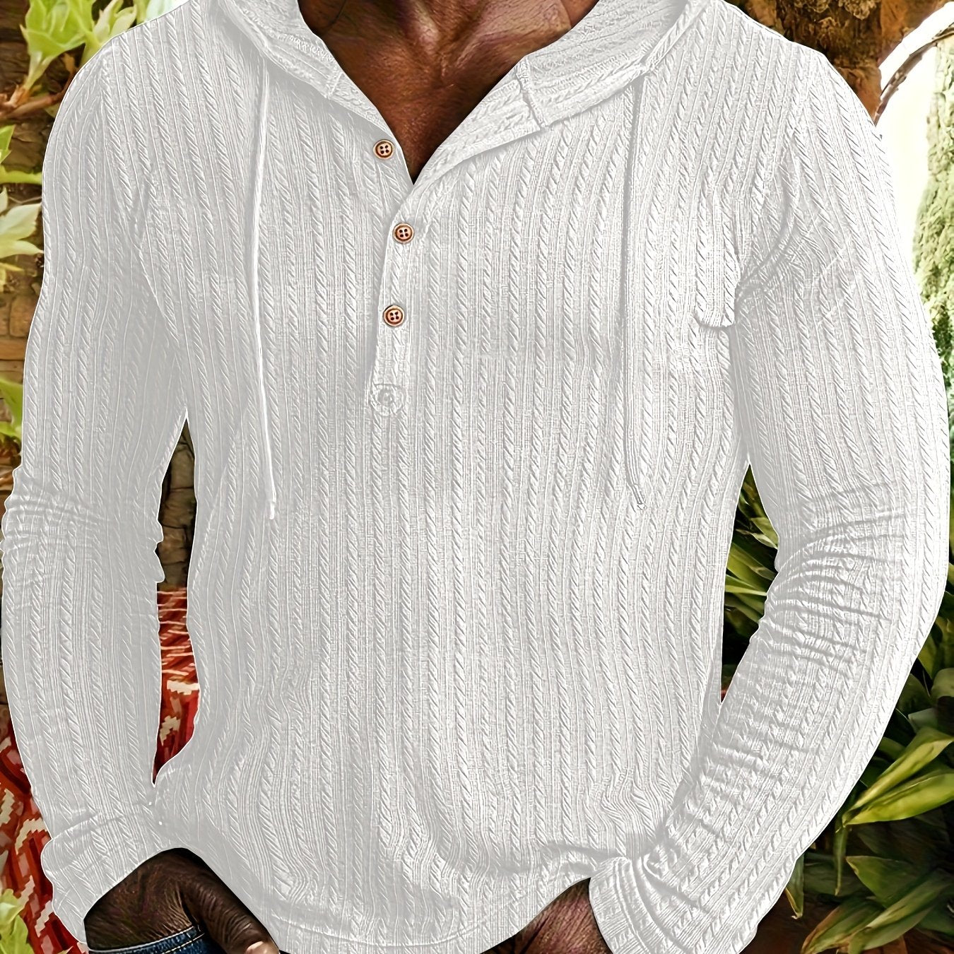 Camisa Henley con capucha para hombre – Sudadera texturizada informal de manga larga con cordón