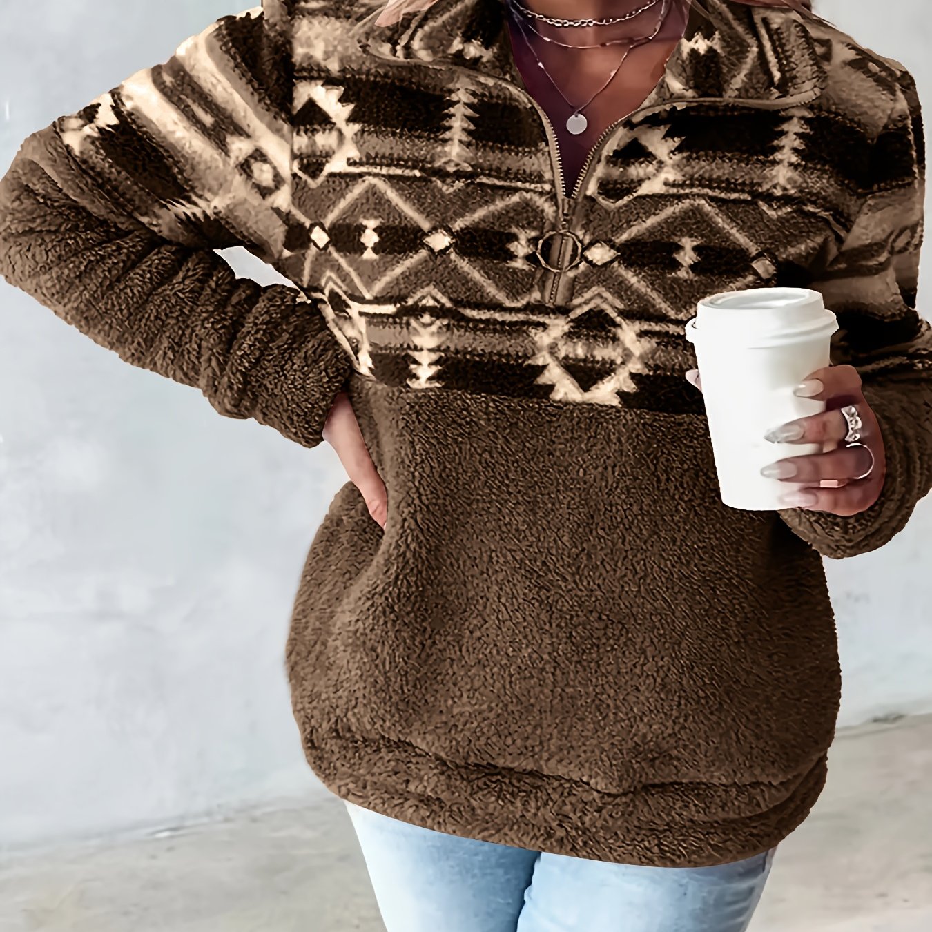 Geo Pattern Teddy Sweatshirt – Half-Zip Fleece Pullover for Fall & Winter