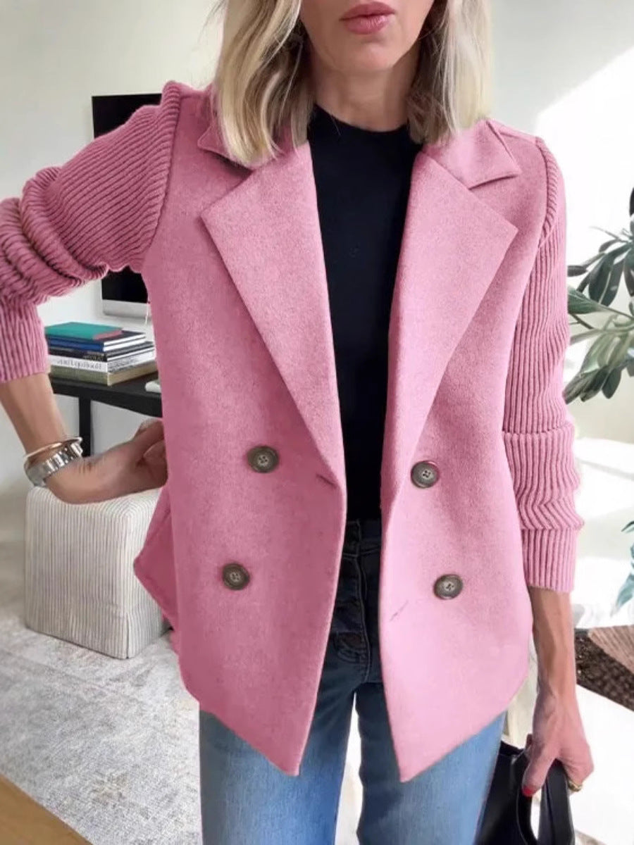 Veste femme à revers et double boutonnage – Manteau épissé à manches tricotées