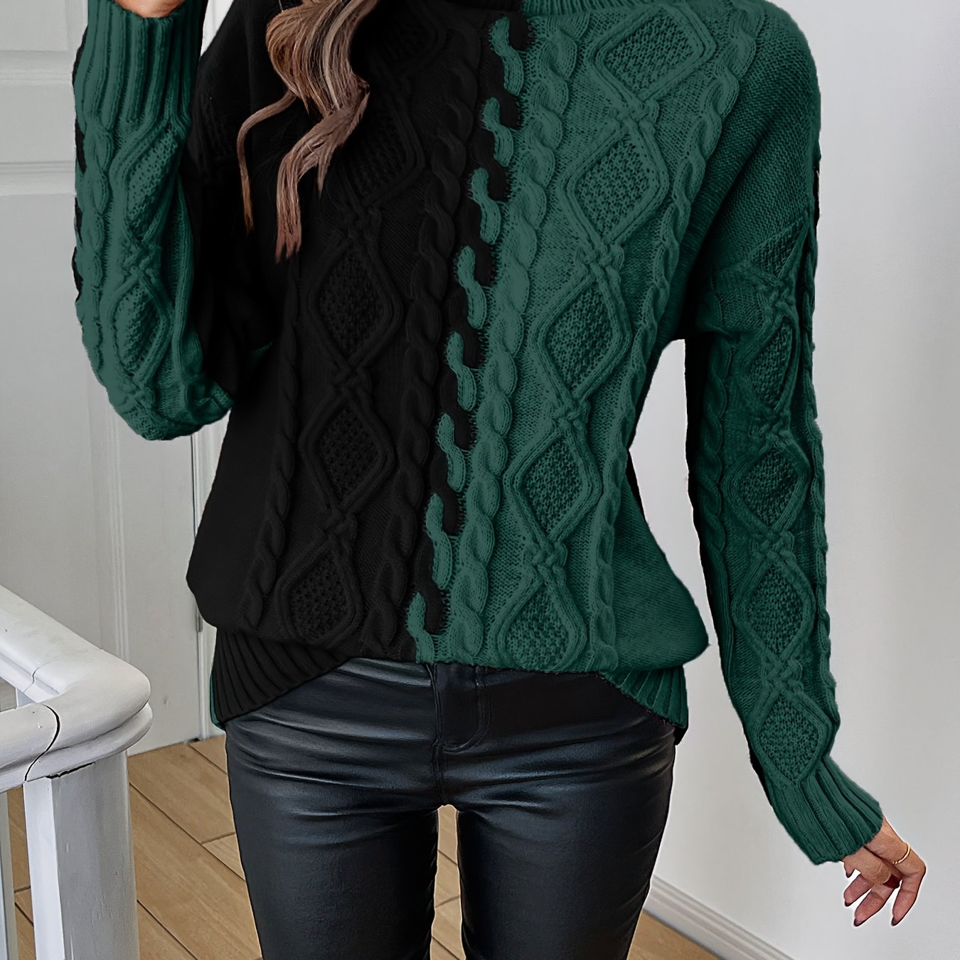 Elegant High-Neck Striped Blouse – Color-Block Knit Long Sleeve Top