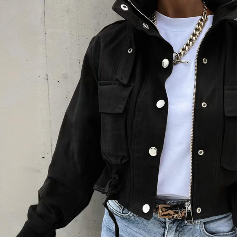 Chaqueta Corta Casual para Mujer con Cuello Alto, Botones y Cremallera