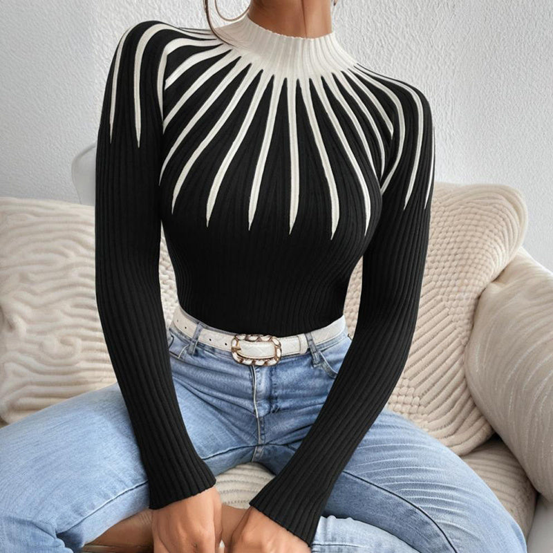 Pull ras du cou slim pour femme – Tricot côtelé à manches longues et rayures