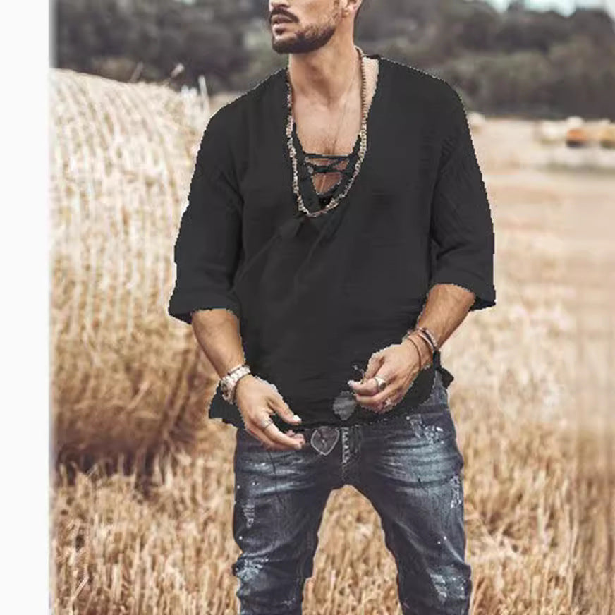 T-shirt ras du cou à lacets pour homme – Haut décontracté en coton à manches mi-longues
