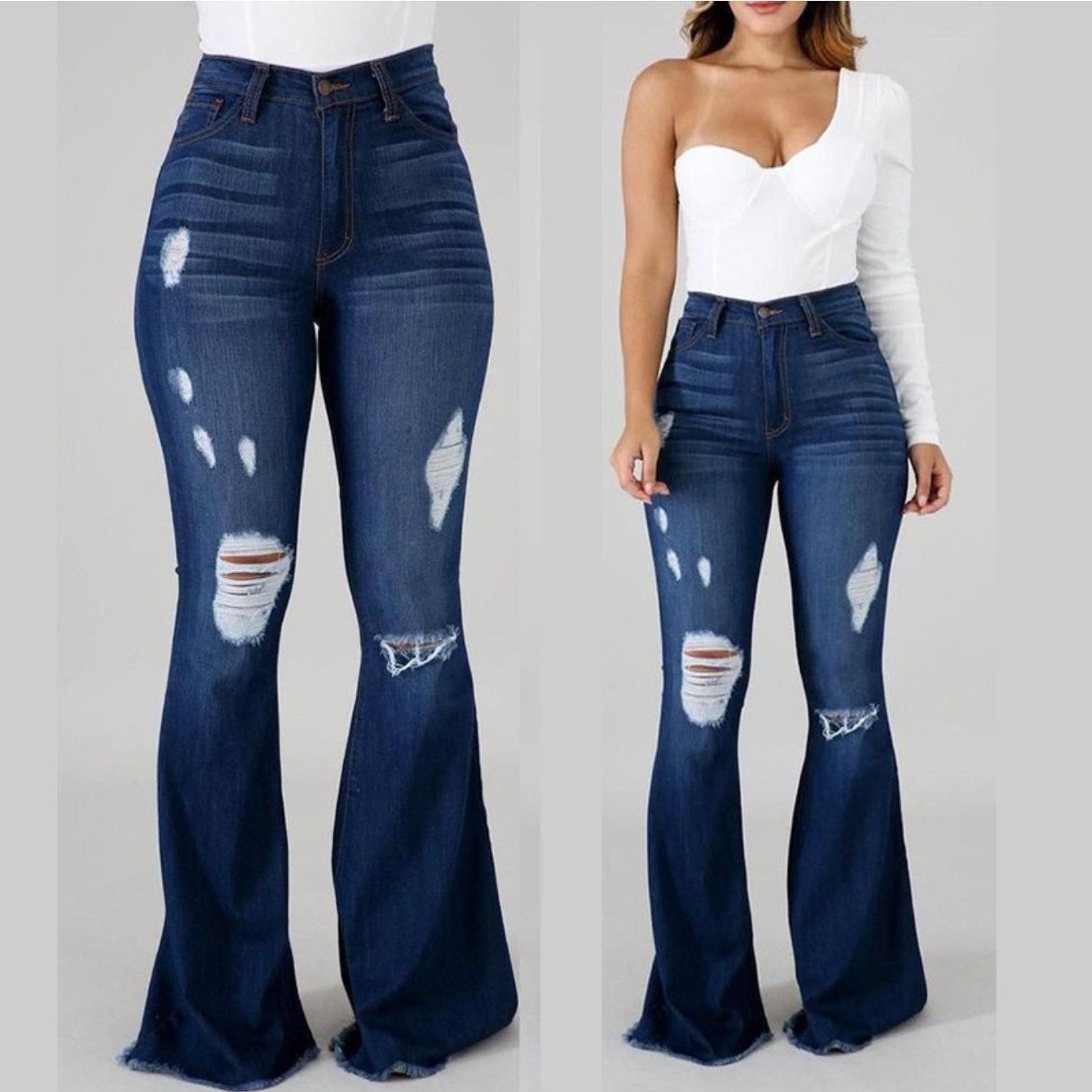 Jean évasé taille haute – Jean denim moulant déchiré extensible
