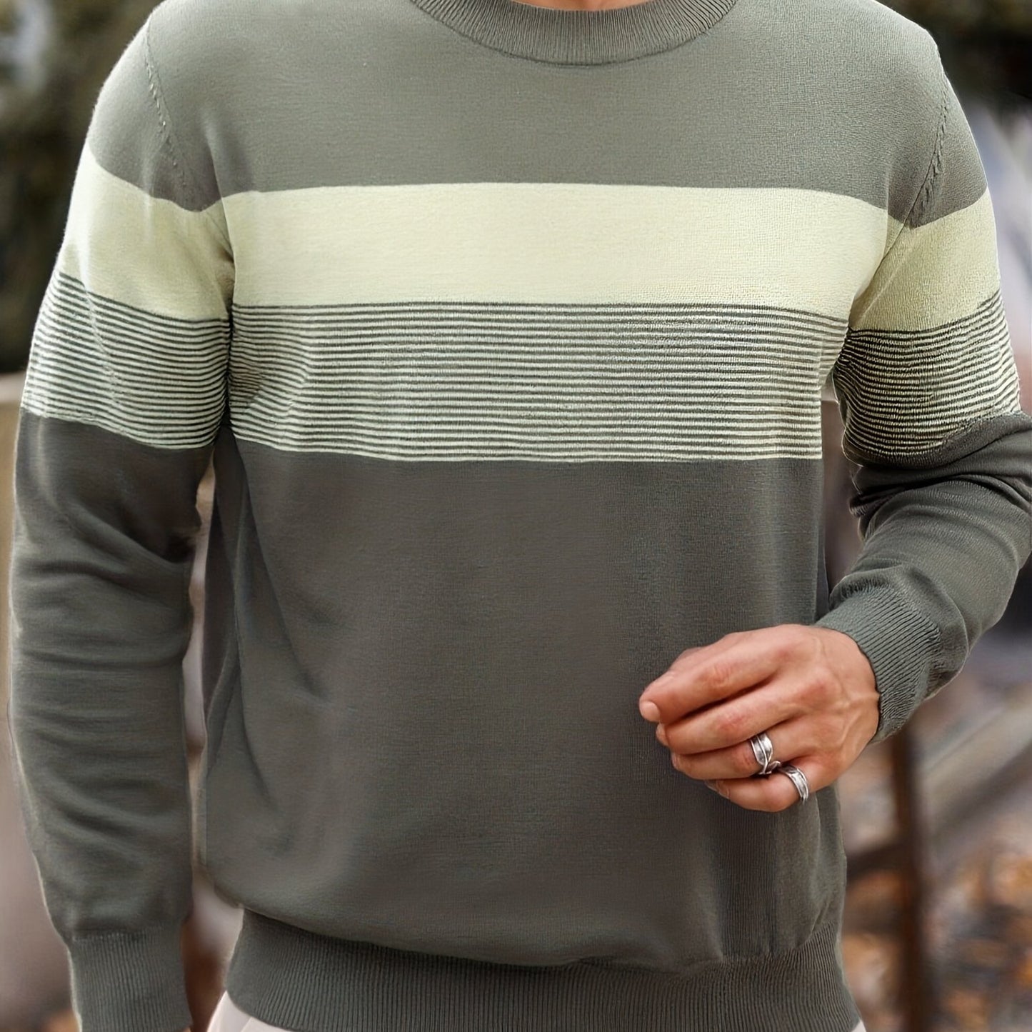 Suéter tipo jersey de punto a rayas para hombre – Clásico, manga larga, cuello redondo