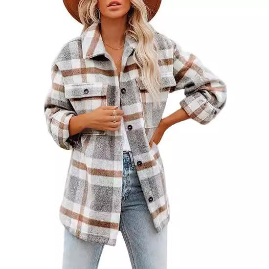 Chaqueta a cuadros con hebillas para mujer – Abrigo informal de corte holgado