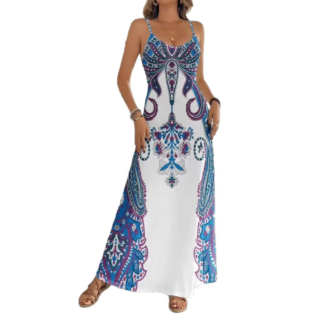 Vestido maxi estampado sin mangas con cuello en V – Vestido retro artístico con tirantes