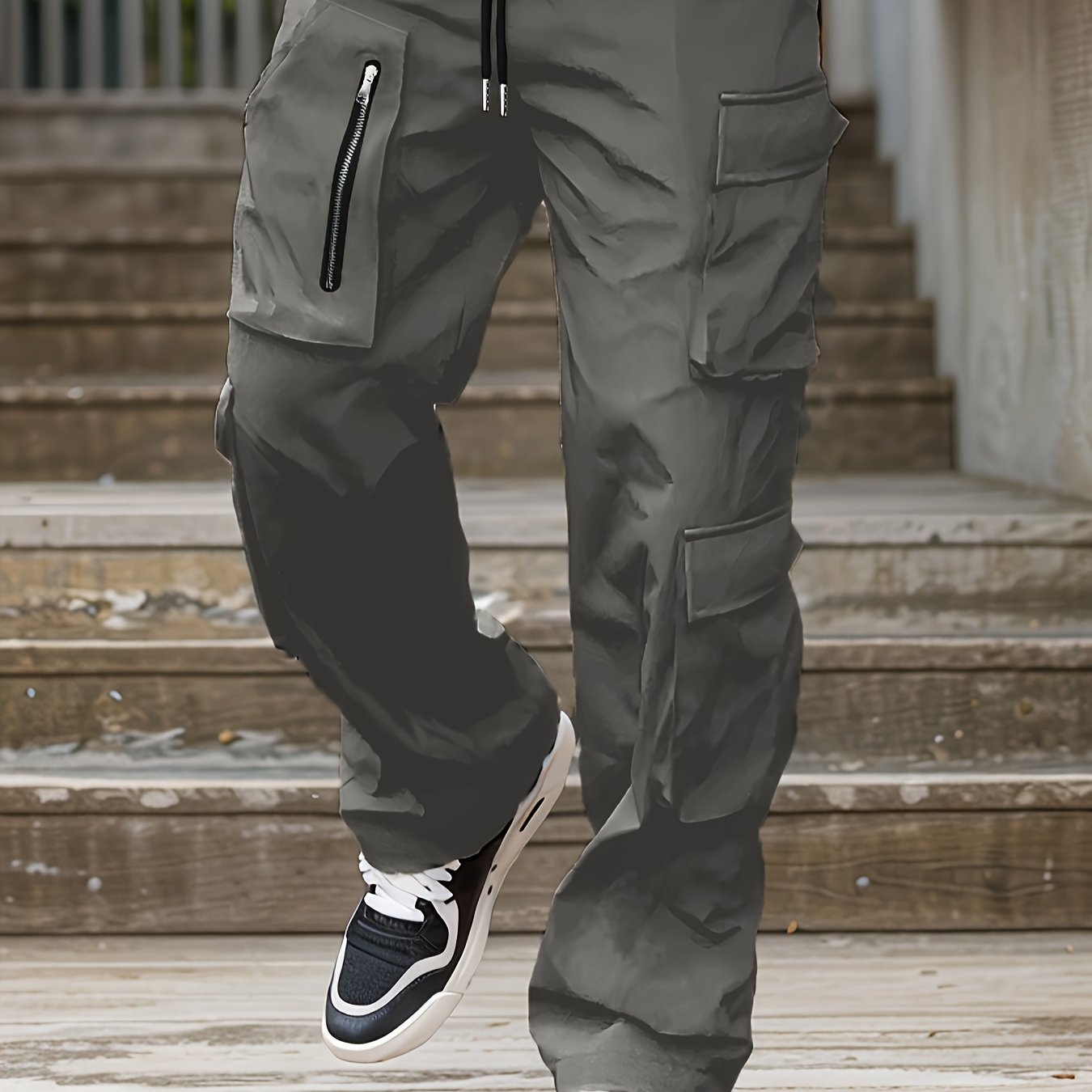 Men’s Green Cargo Pants – Loose Straight-Leg Elastic Waist Trousers