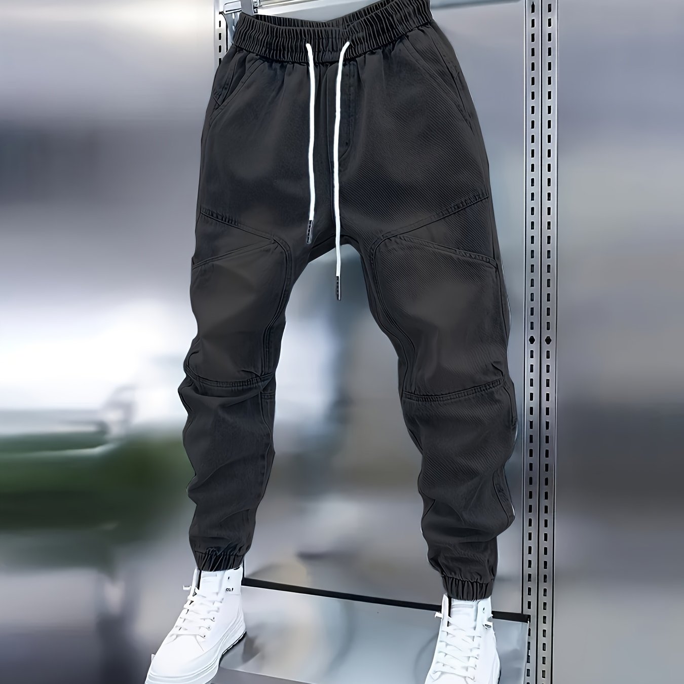 Men’s Drawstring Denim Joggers – Slim Fit Patchwork Jeans