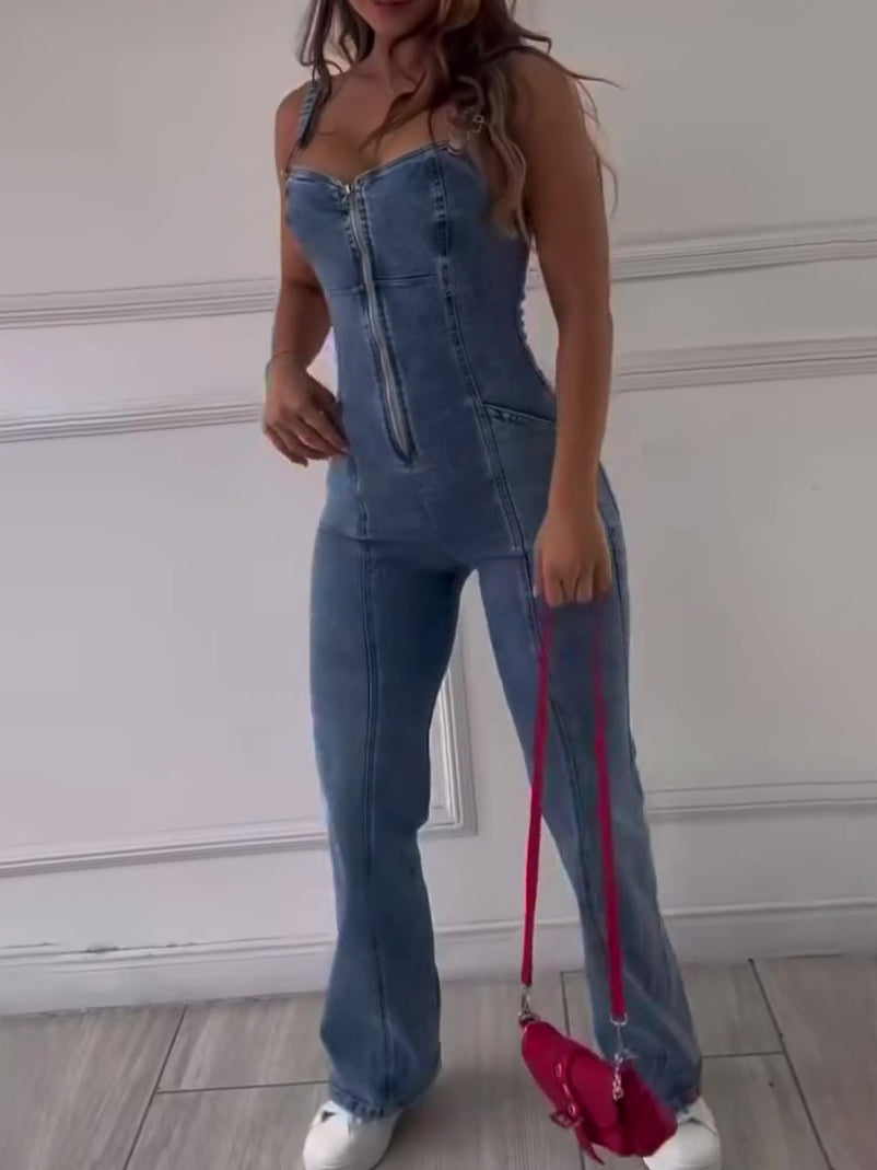 Combinaison-pantalon en jean zippée pour femme – Coupe patchwork sans manches pour affirmer votre style