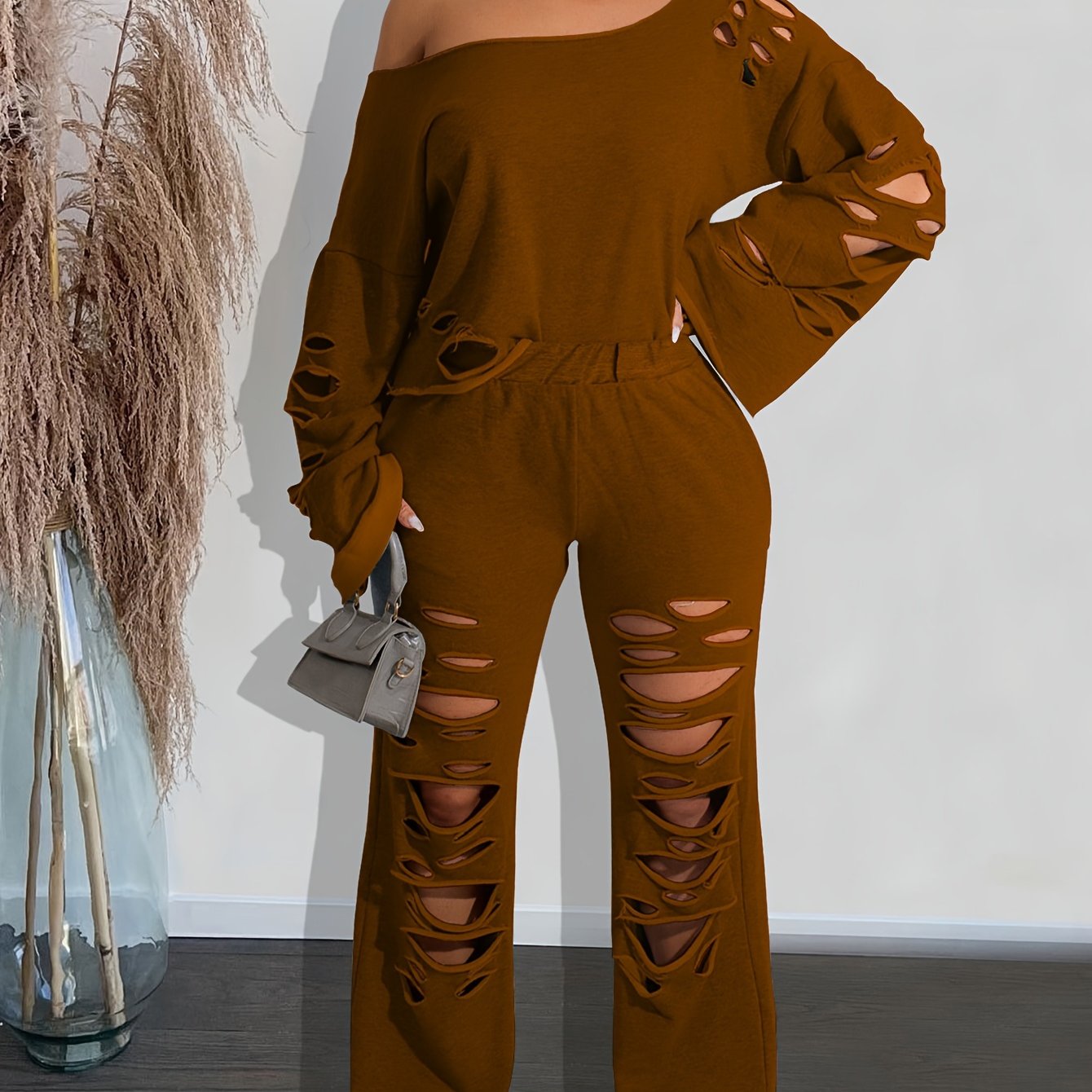 Women’s 2-Piece Off-Shoulder Distressed Set – Long Sleeve Top & Ripped Pants