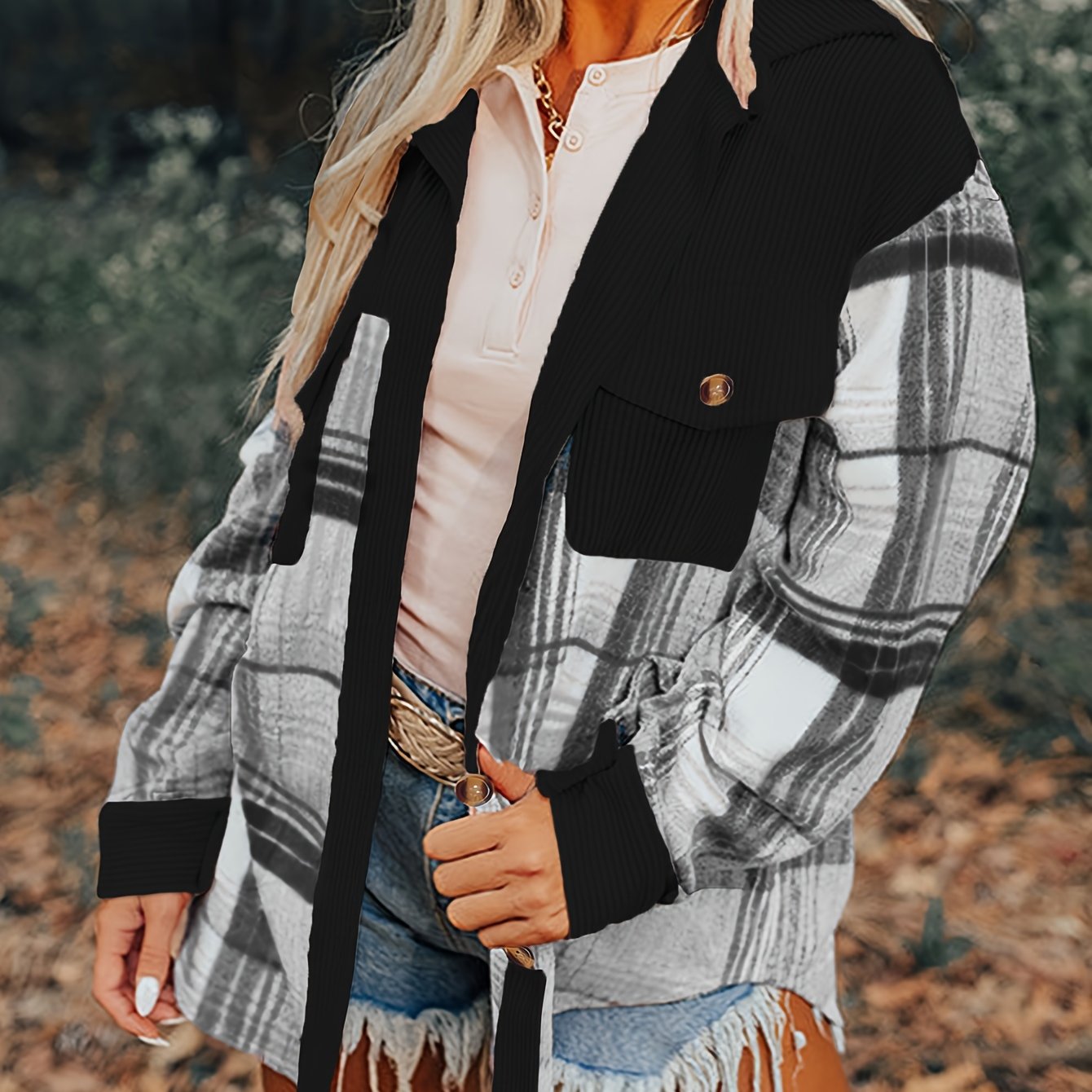 Women’s Plaid Lapel Jacket – Button-Up Drop Shoulder Fall/Spring Shacket