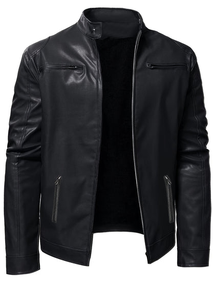 Men’s Windproof PU Jacket – Stand Collar Motorcycle Street Coat