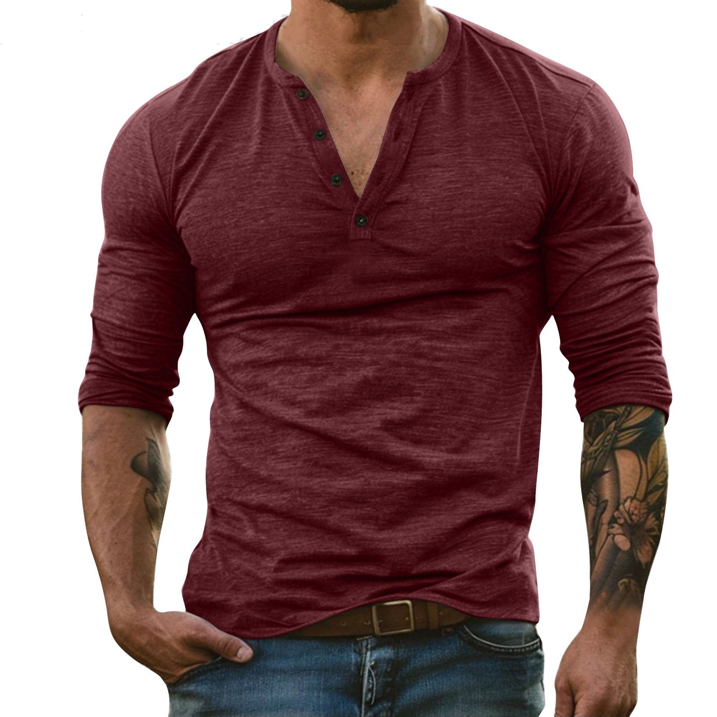 Camiseta de manga larga de mezcla de bambú para hombre - Cuello redondo informal de algodón suave
