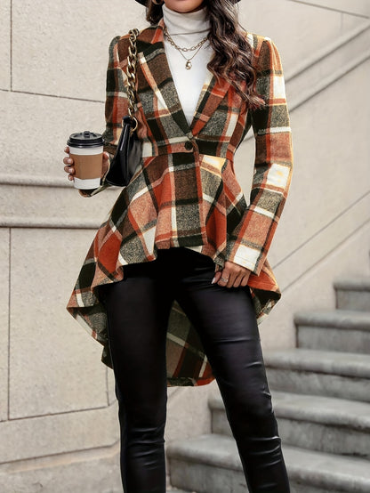 Women’s Plaid Flare Jacket – Button-Up High-Low Lapel Fall/Winter Coat