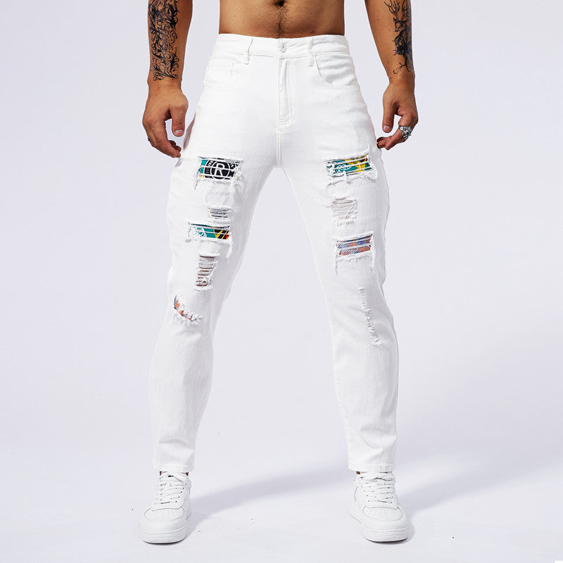 Loom & Soul™ Hole Patch Washed Jeans – Men’s Slim-Fit White Denim Pants