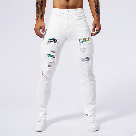 Loom & Soul™ Hole Patch Washed Jeans – Men’s Slim-Fit White Denim Pants