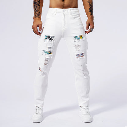 Loom & Soul™ Hole Patch Washed Jeans – Men’s Slim-Fit White Denim Pants