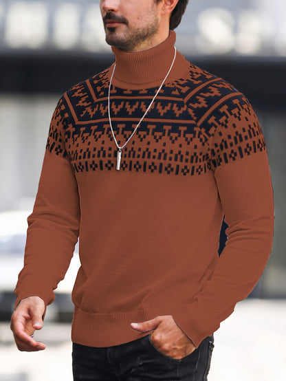 Suéter de cuello alto geométrico para hombre - Suéter informal de punto para otoño e invierno