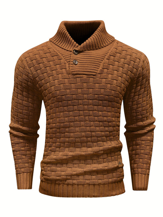 Men’s Waffle Knit Sweater – High Stretch Pullover with Lapel Collar