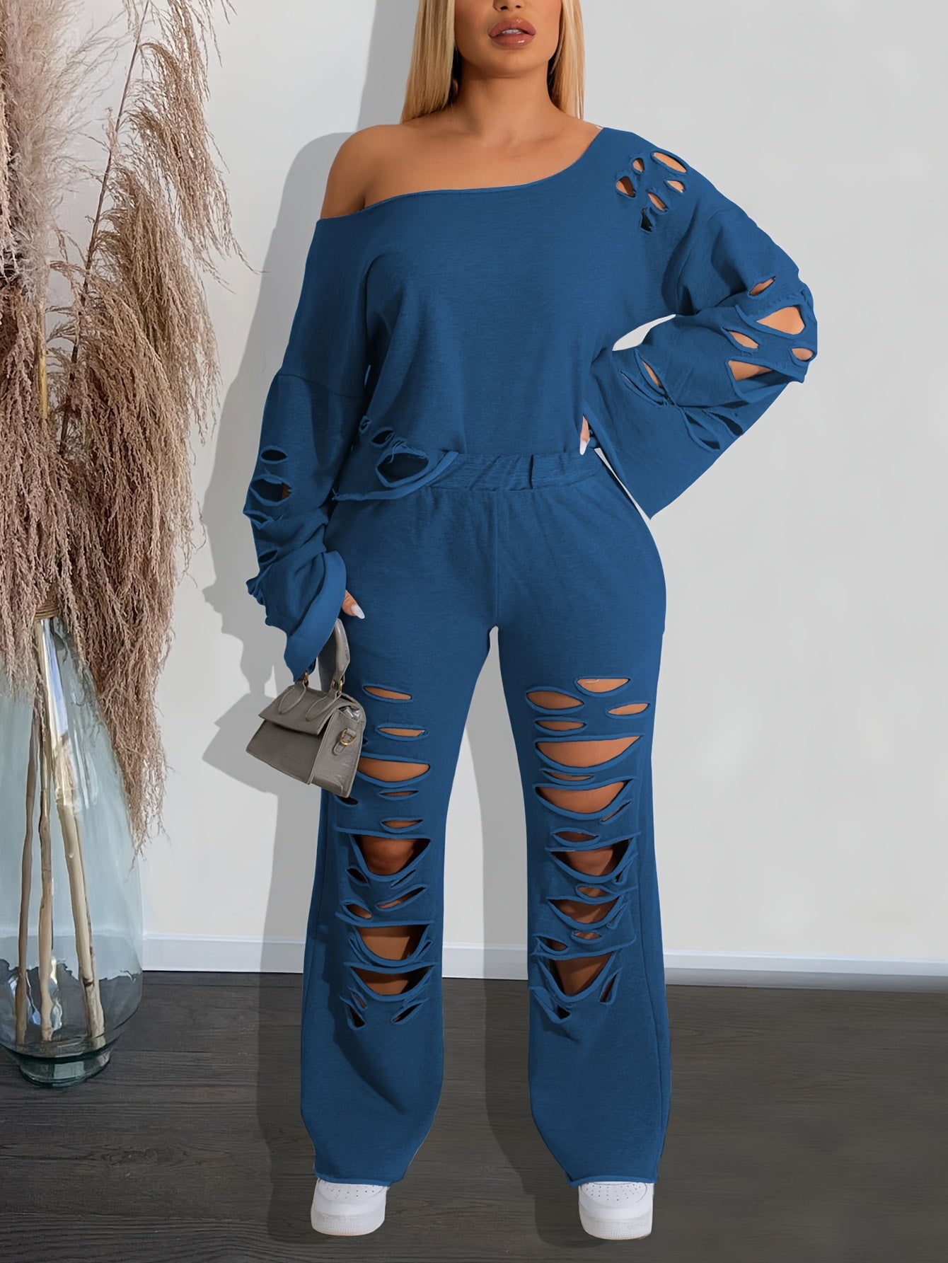 Women’s 2-Piece Off-Shoulder Distressed Set – Long Sleeve Top & Ripped Pants