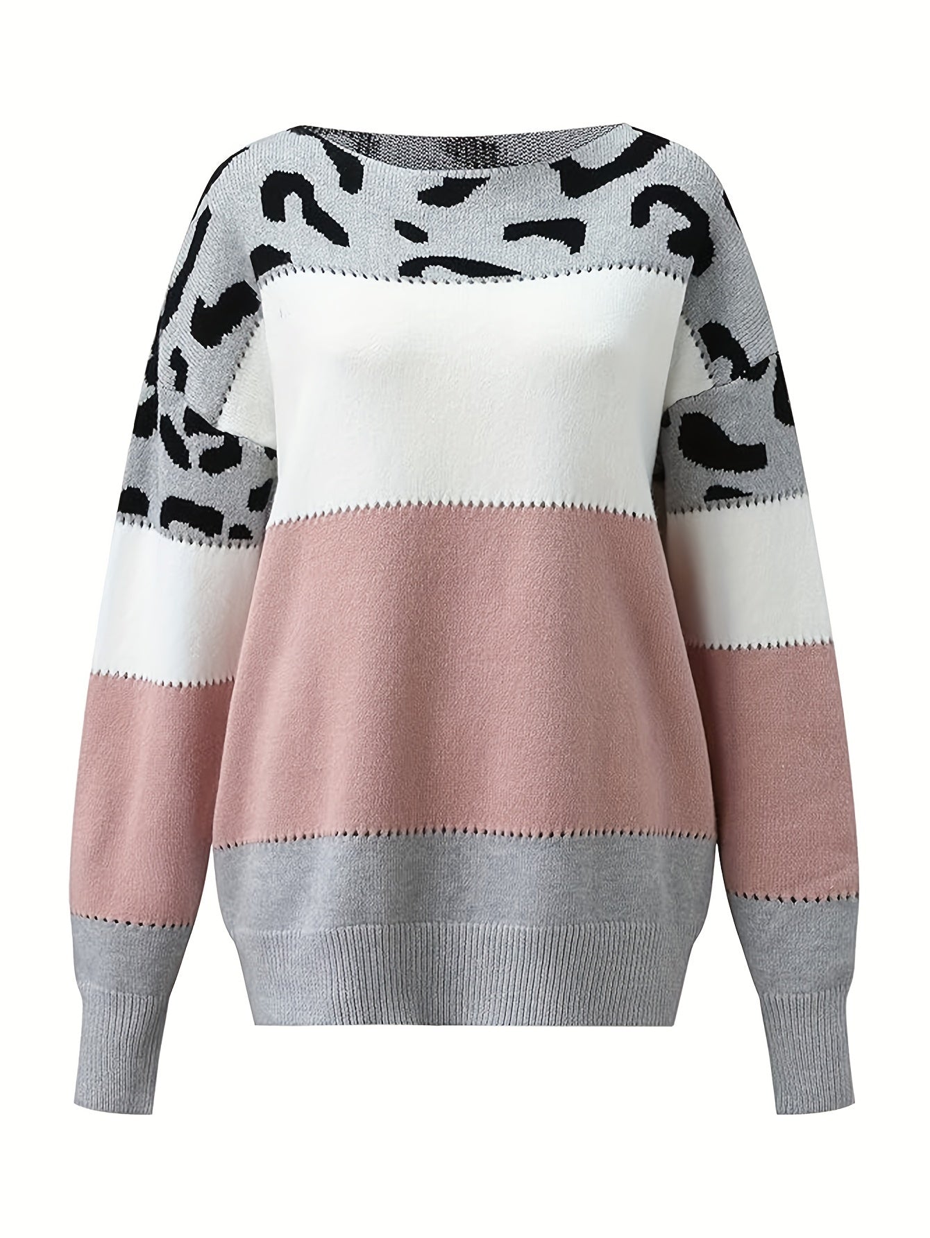 Women’s Leopard Patchwork Sweater – Pink & White Knit Crew Pullover