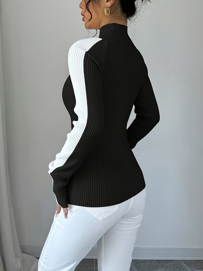 Suéter de cuello alto color block para mujer - Blusa elegante de punto suave