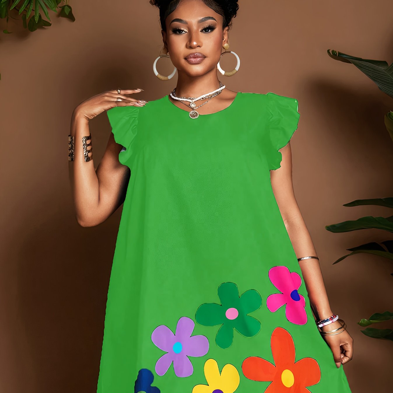 Vestido de verano con volantes en las mangas y estampado floral – Elegante vestido de verano hasta la rodilla