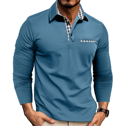 Loom & Soul™ Men’s Plaid Splicing Polo Shirt – Long Sleeve Casual Solid Color Top
