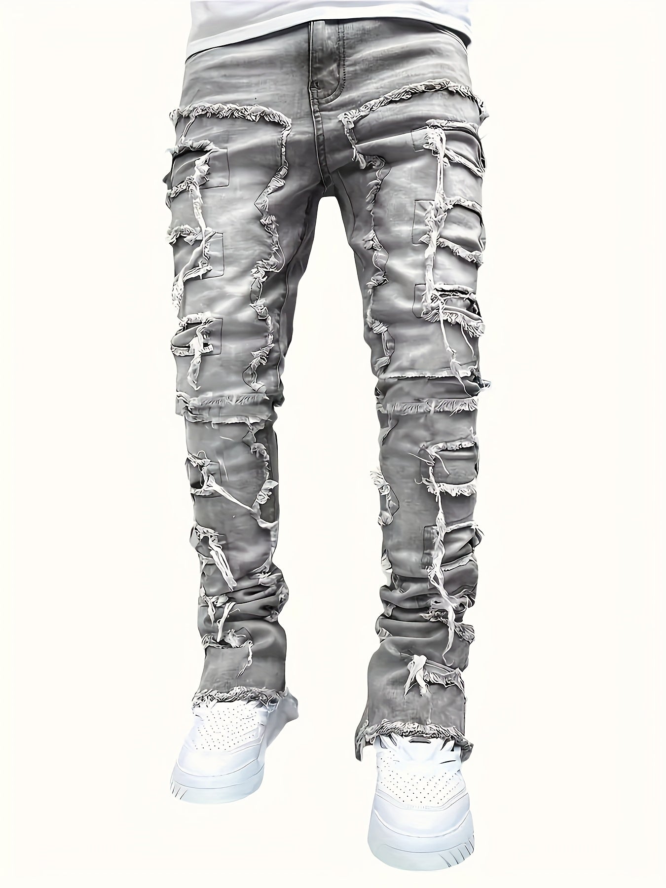 Men's Distressed Slim-Fit Jeans – Layered Rips & Patchwork Street Denim
